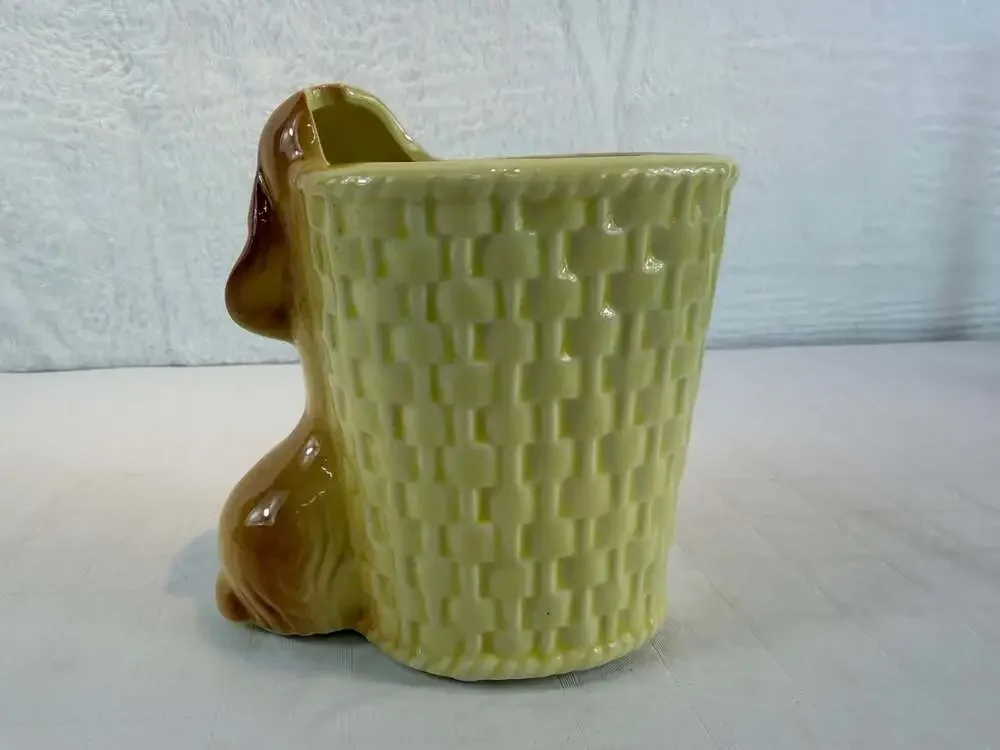 Vintage Royal Copley Planter Vase Brown Cocker Spaniel & Yellow Basket 5” Glaze